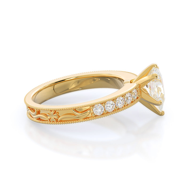 Floral Diamond Engagement Ring with Pear Cut Diamond in 14KT Yellow Gold view 3
