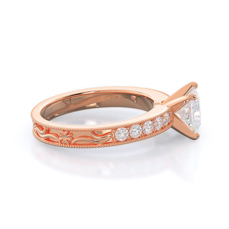 Floral Diamond Engagement Ring with Princess Cut Diamond in 14KT Rose Gold view 3
