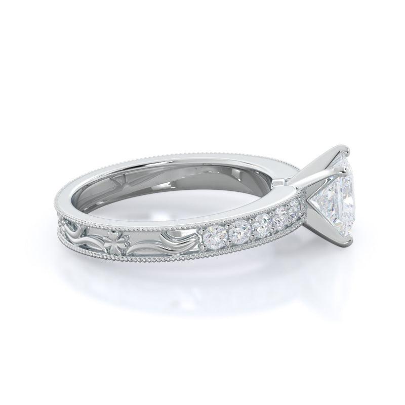 Floral Diamond Engagement Ring with Princess Cut Diamond in 14KT Platinum view 3
