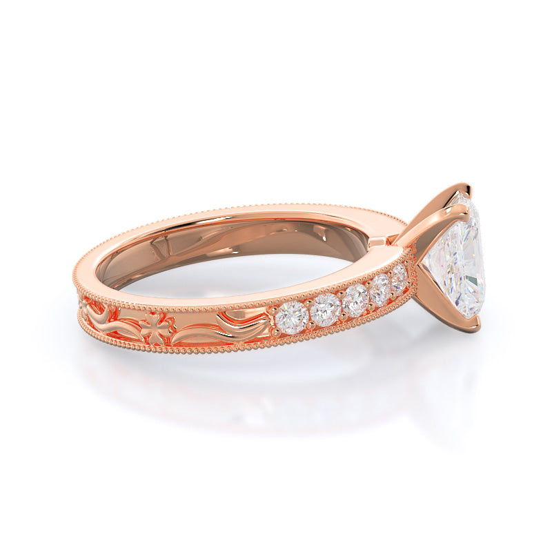 Floral Diamond Engagement Ring with Radiant Cut Diamond in 14KT Rose Gold view 3
