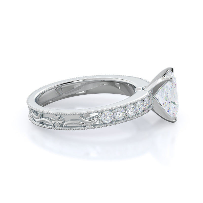Floral Diamond Engagement Ring with Radiant Cut Diamond in 14KT Platinum view 3

