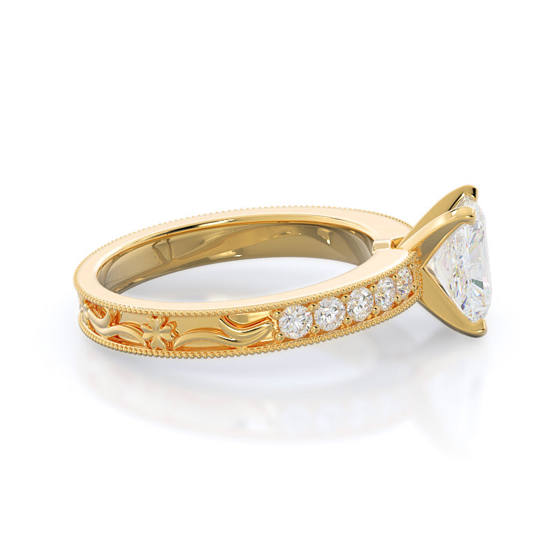 Floral Diamond Engagement Ring with Radiant Cut Diamond in 14KT Yellow Gold view 3
