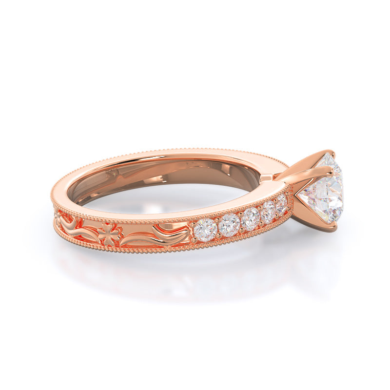 Floral Diamond Engagement Ring with Round Cut Diamond in 14KT Rose Gold view 2
