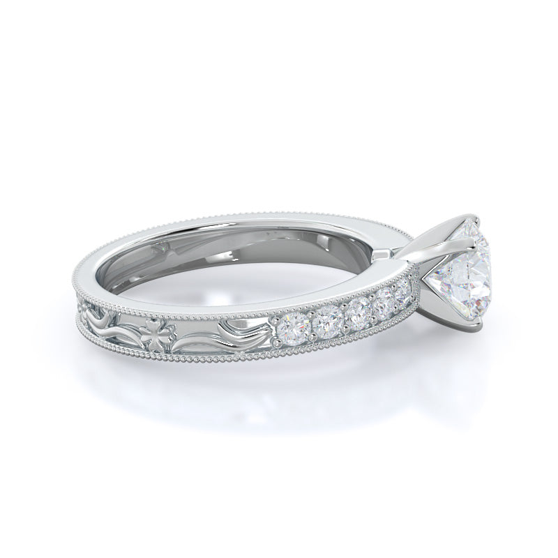 Floral Diamond Engagement Ring with Round Cut Diamond in 14KT Platinum view 2
