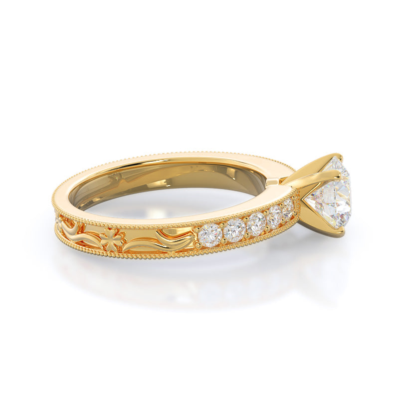Floral Diamond Engagement Ring with Round Cut Diamond in 14KT Yellow Gold view 2
