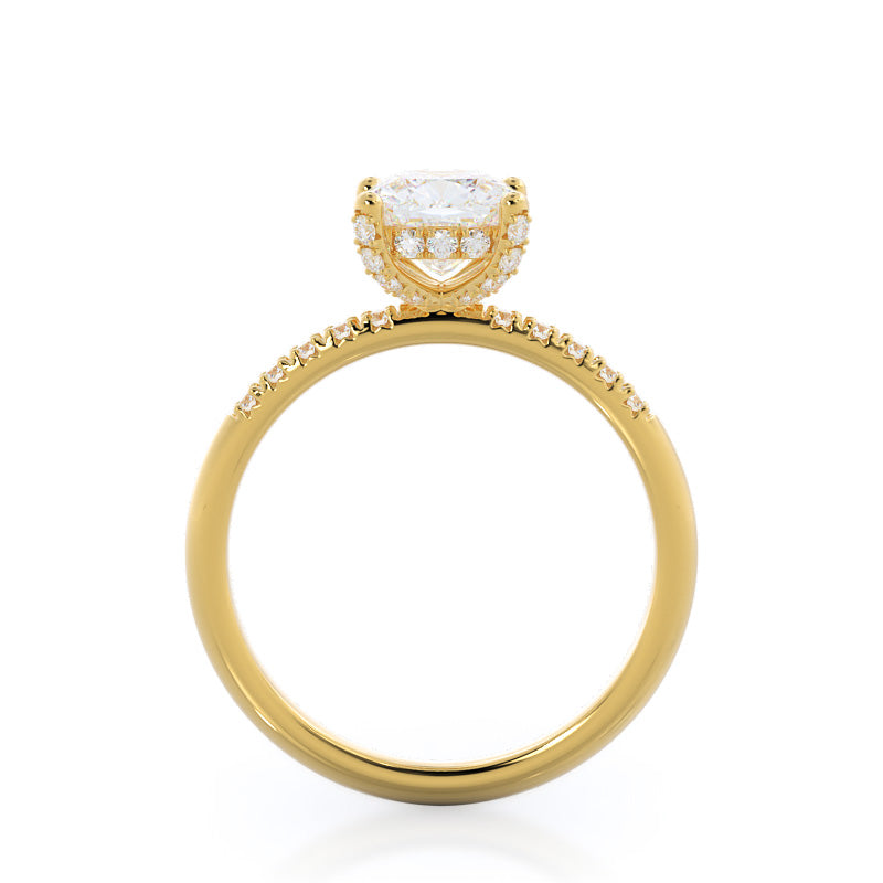 French Set Diamond Basket Engagement Ring with Cushion Cut Diamond in 14KT Yellow Gold view 2

