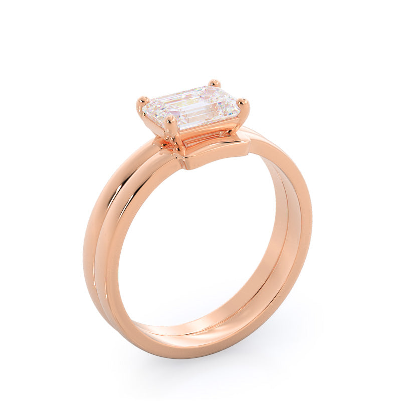 Classic Four Prong East West Engagement Ring with West Emerald Cut Diamond in 14KT Rose Gold view 4
