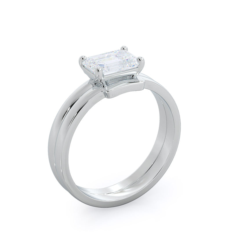 Classic Four Prong East West Engagement Ring with West Emerald Cut Diamond in 14KT Platinum view 4
