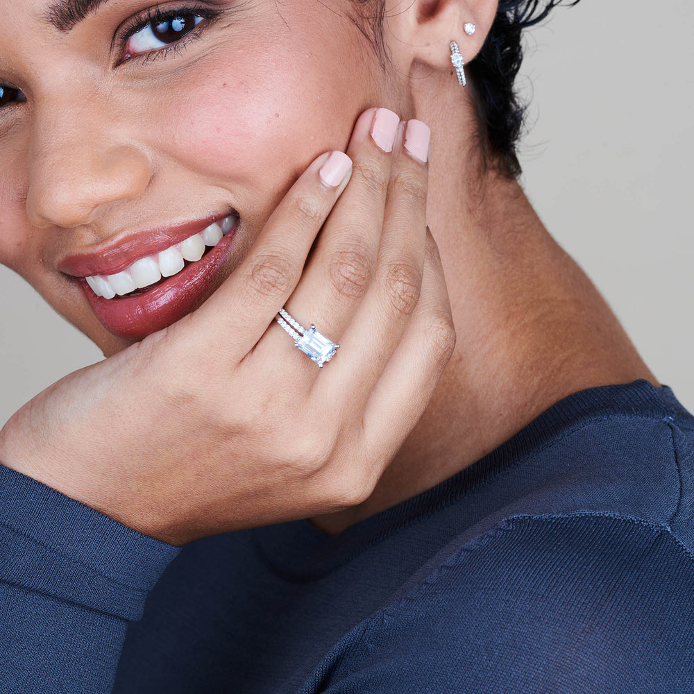 Model Wearing East West Pave Diamond Wedding Band view