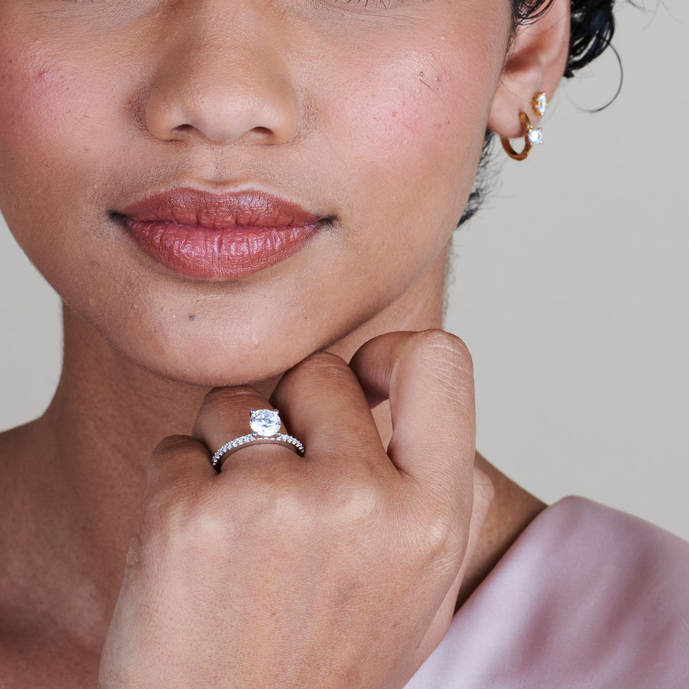 Model Wearing Diamond Pave Engagement Ring with Lab Grown Diamond view