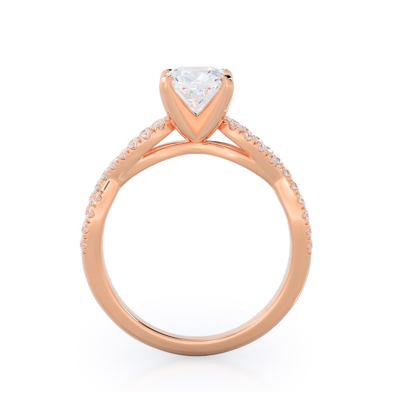 Braided Cathedral Diamond Engagement Ring with Cushion Cut Diamond in 14KT Rose Gold view 2
