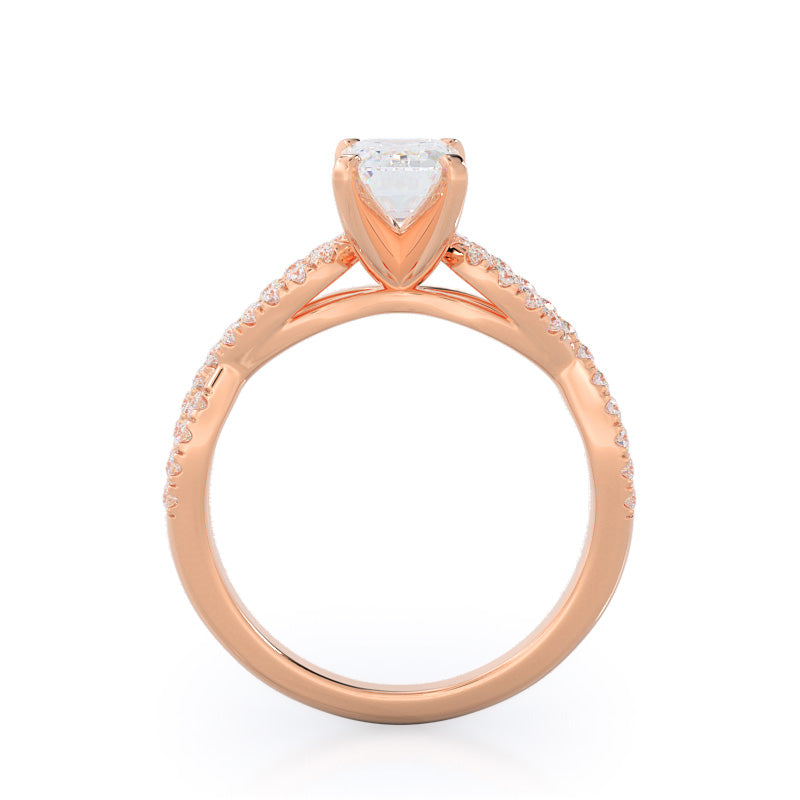 Braided Cathedral Diamond Engagement Ring with Emerald Cut Diamond in 14KT Rose Gold view 2
