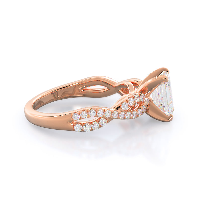 Braided Cathedral Diamond Engagement Ring with Emerald Cut Diamond in 14KT Rose Gold view 3
