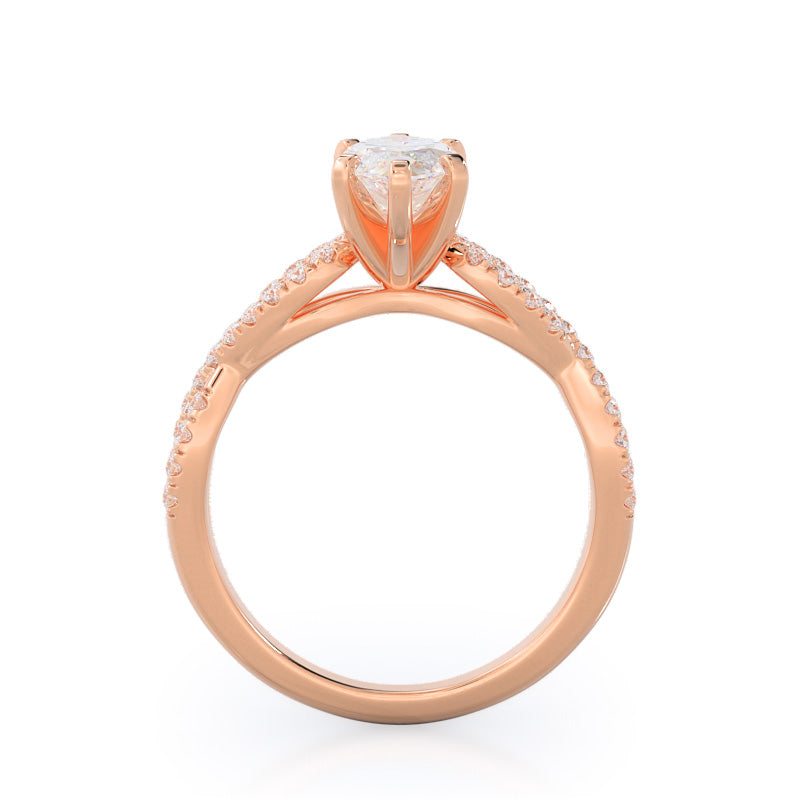 Braided Cathedral Diamond Engagement Ring with Marquise Cut Diamond in 14KT Rose Gold view 2
