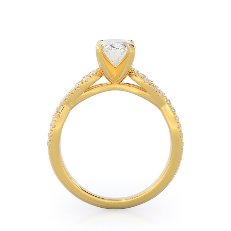 Braided Cathedral Diamond Engagement Ring with Oval Cut Diamond in 14KT Yellow Gold view 2

