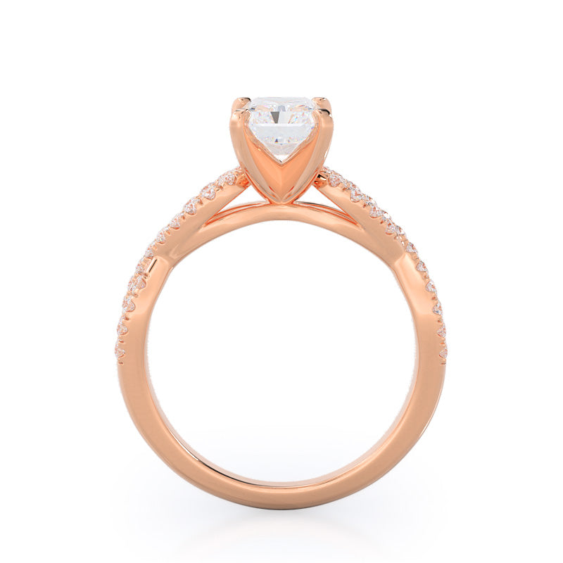 Braided Cathedral Diamond Engagement Ring with Radiant Cut Diamond in 14KT Rose Gold view 2
