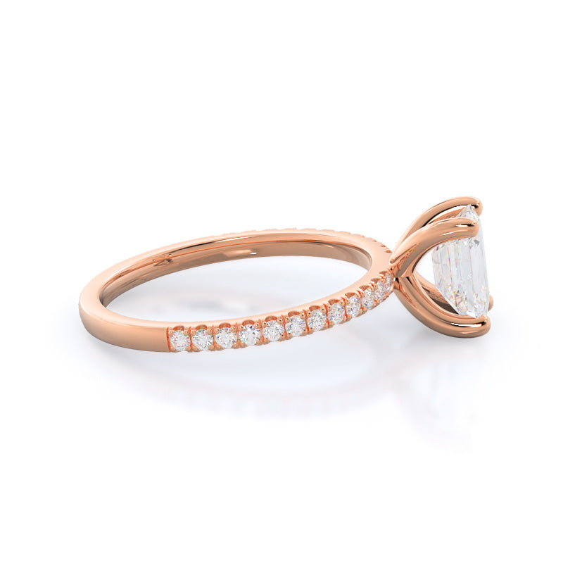 Petite Micro Pave Diamond Engagement Ring with Emerald Cut Diamond in 14KT Rose Gold view 3
