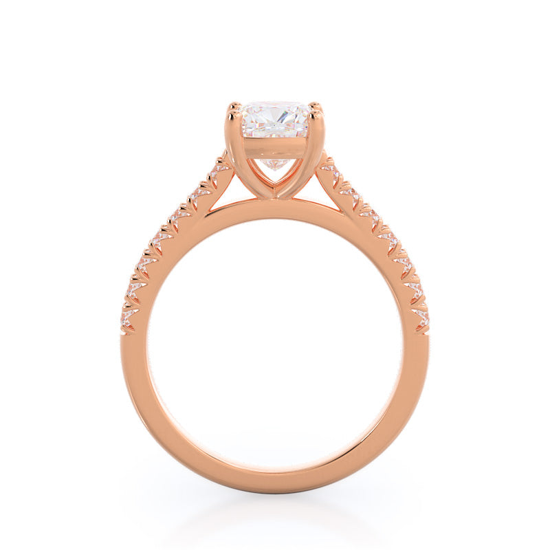 French Basket Pave Diamond Engagement Ring with Cushion Cut Diamond in 14KT Rose Gold view 2
