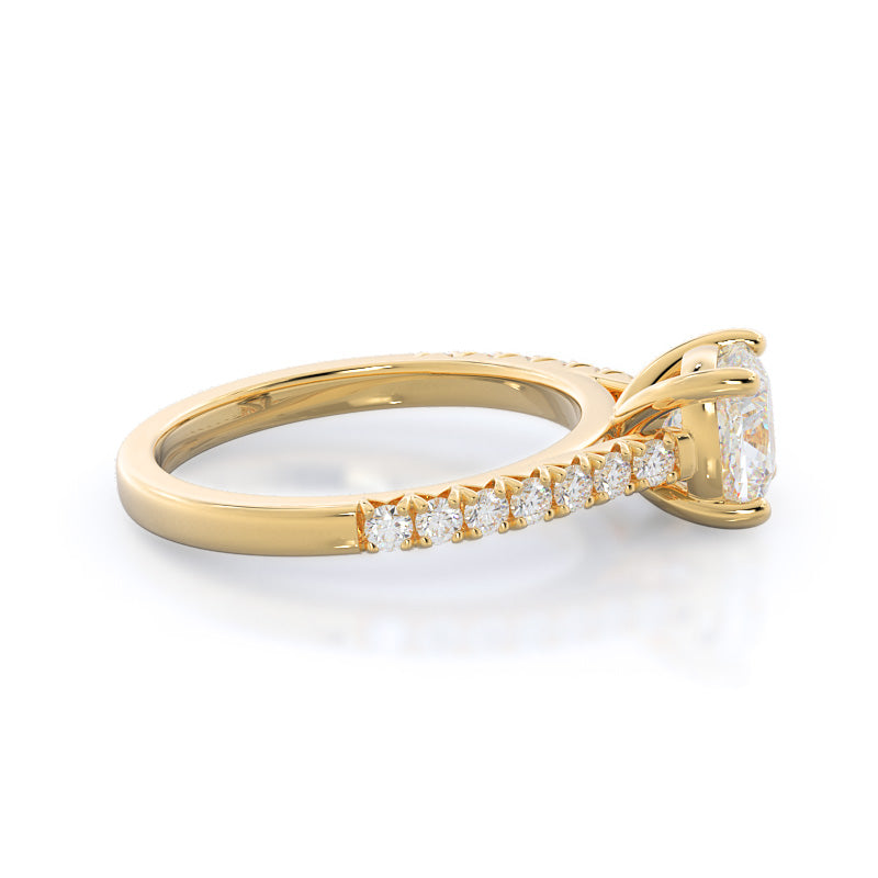 French Basket Pave Diamond Engagement Ring with Cushion Cut Diamond in 14KT Yellow Gold view 3
