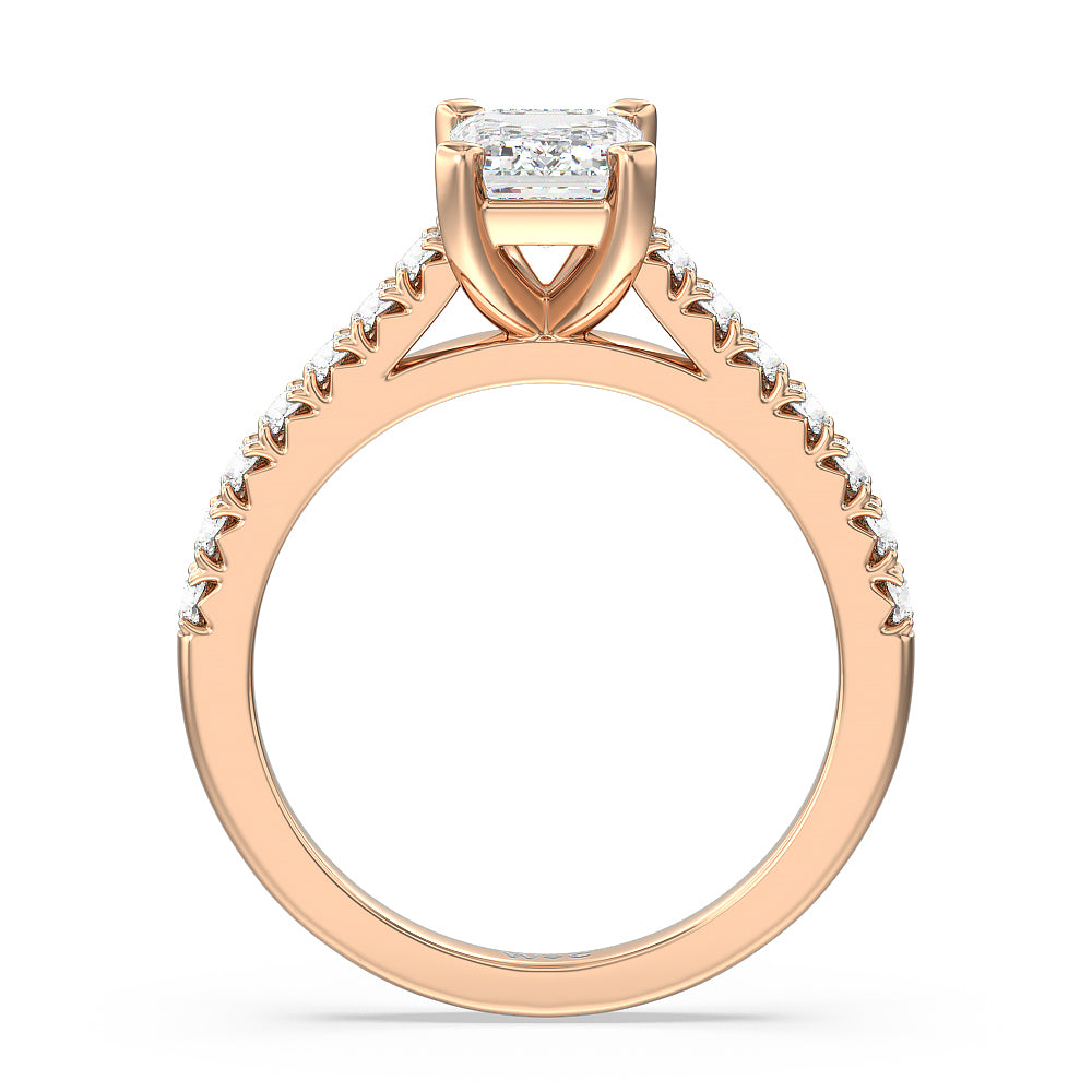 French Basket Pave Diamond Engagement Ring with Emerald Cut Diamond in 14KT Rose Gold view 2
