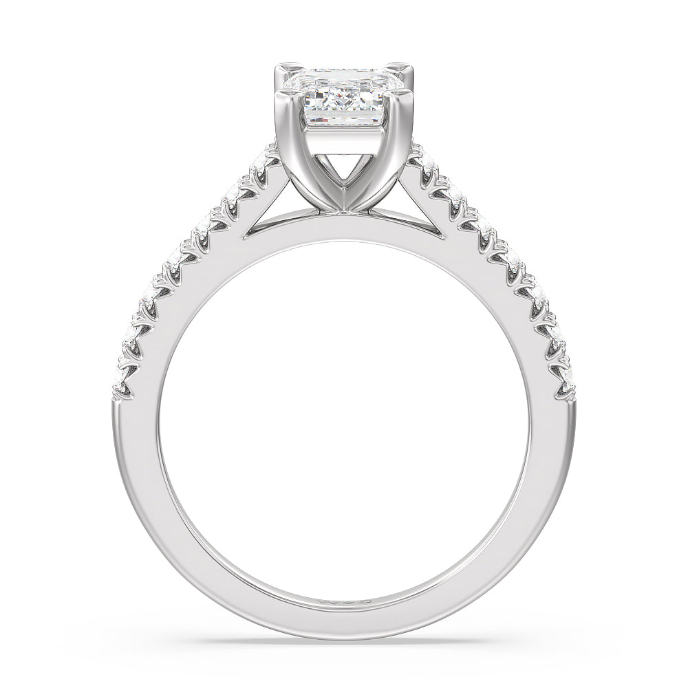 French Basket Pave Diamond Engagement Ring with Emerald Cut Diamond in 14KT Platinum view 2
