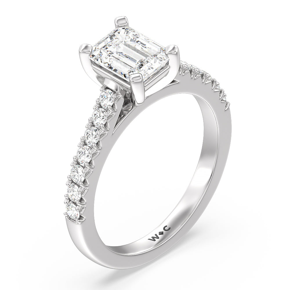 French Basket Pave Diamond Engagement Ring with Emerald Cut Diamond in 14KT Platinum view 3
