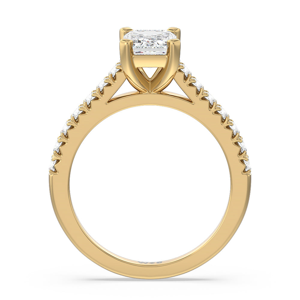 French Basket Pave Diamond Engagement Ring with Emerald Cut Diamond in 14KT Yellow Gold view 2
