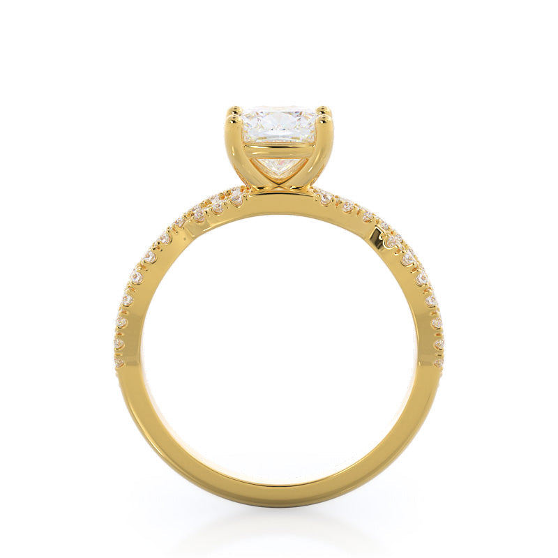 Forever Twisting Diamond Engagement Ring with Cushion Cut Diamond in 14KT Yellow Gold view 2
