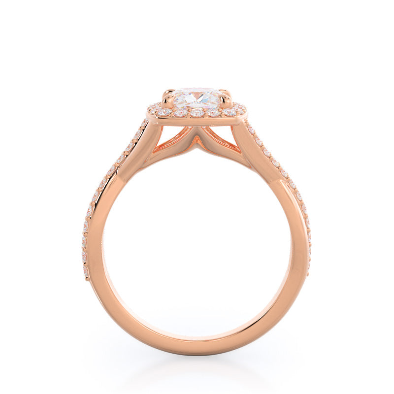 Swaying Split Shank Halo Diamond Engagement Ring with Cushion Cut Diamond in 14KT Rose Gold view 2
