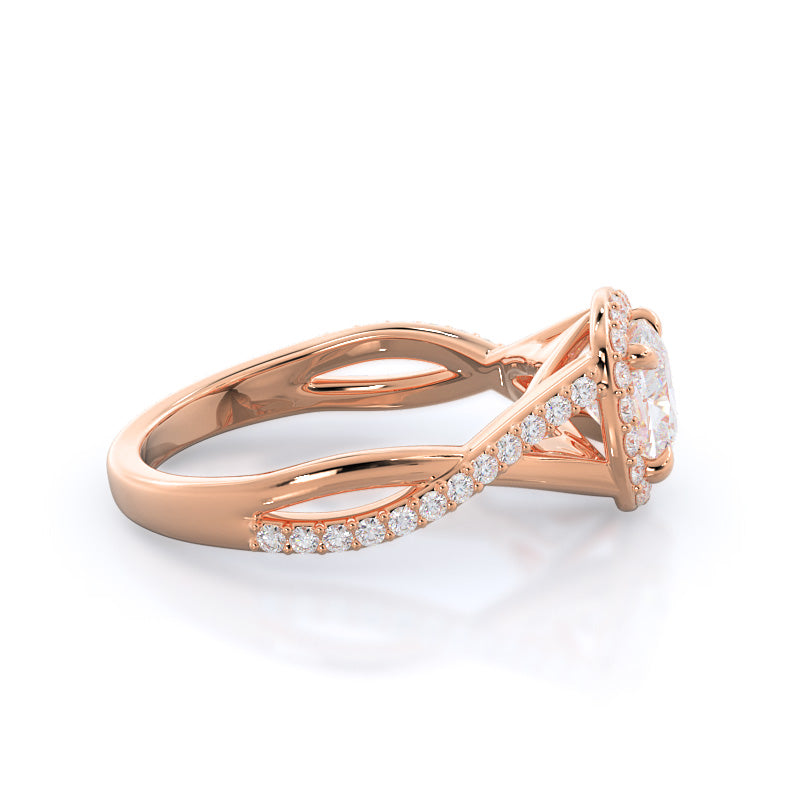Swaying Split Shank Halo Diamond Engagement Ring with Cushion Cut Diamond in 14KT Rose Gold view 3
