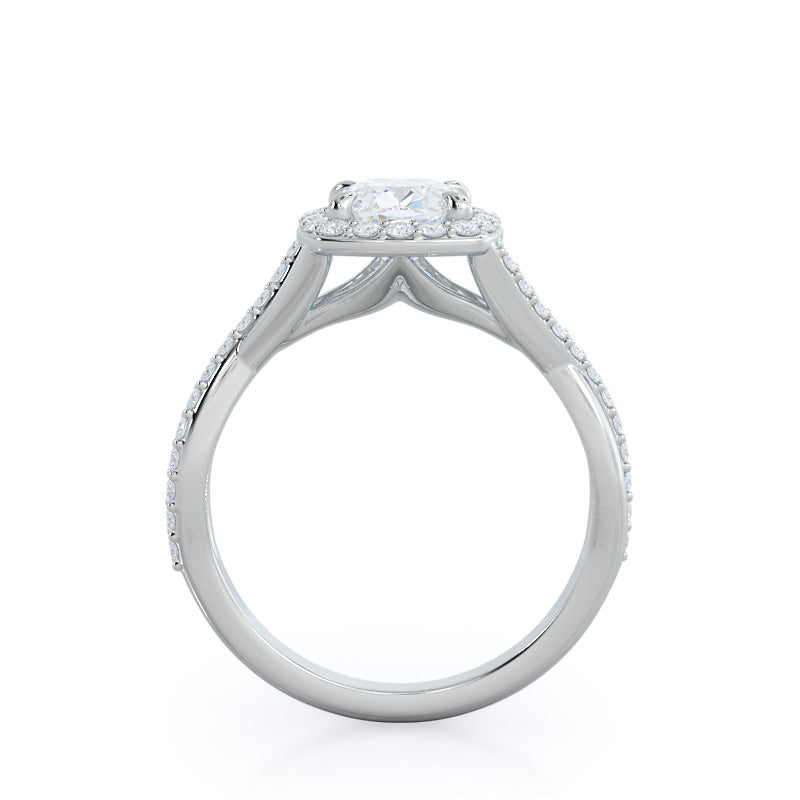 Swaying Split Shank Halo Diamond Engagement Ring with Cushion Cut Diamond in 14KT Platinum view 2

