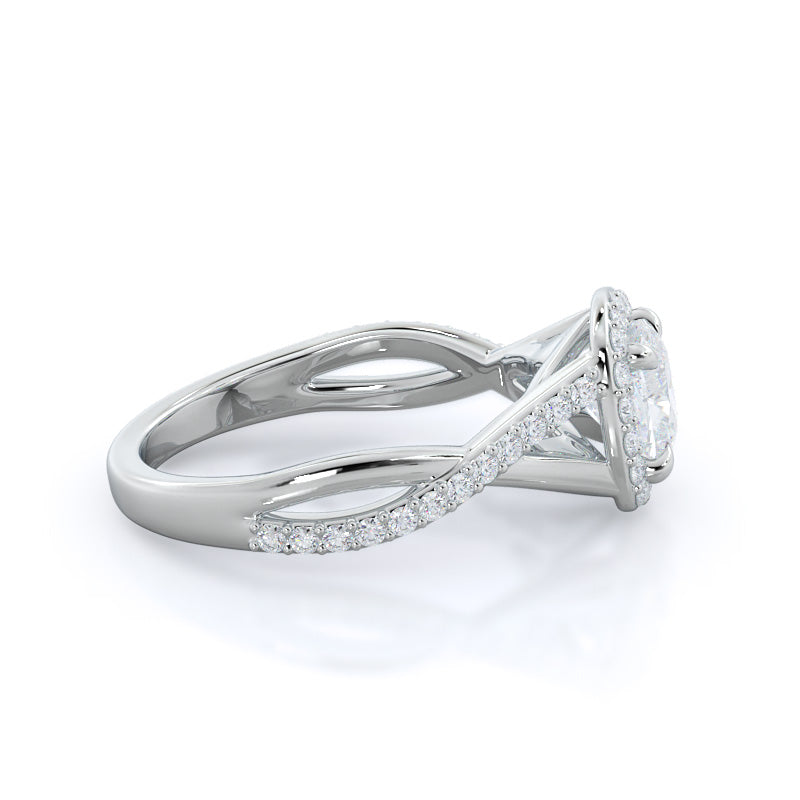 Swaying Split Shank Halo Diamond Engagement Ring with Cushion Cut Diamond in 14KT Platinum view 3
