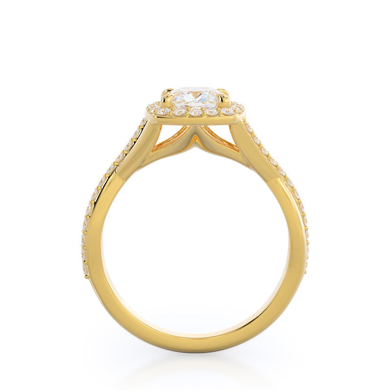 Swaying Split Shank Halo Diamond Engagement Ring with Cushion Cut Diamond in 14KT Yellow Gold view 2
