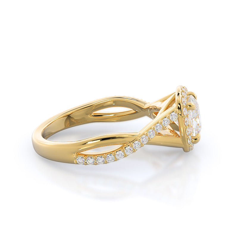 Swaying Split Shank Halo Diamond Engagement Ring with Cushion Cut Diamond in 14KT Yellow Gold view 3
