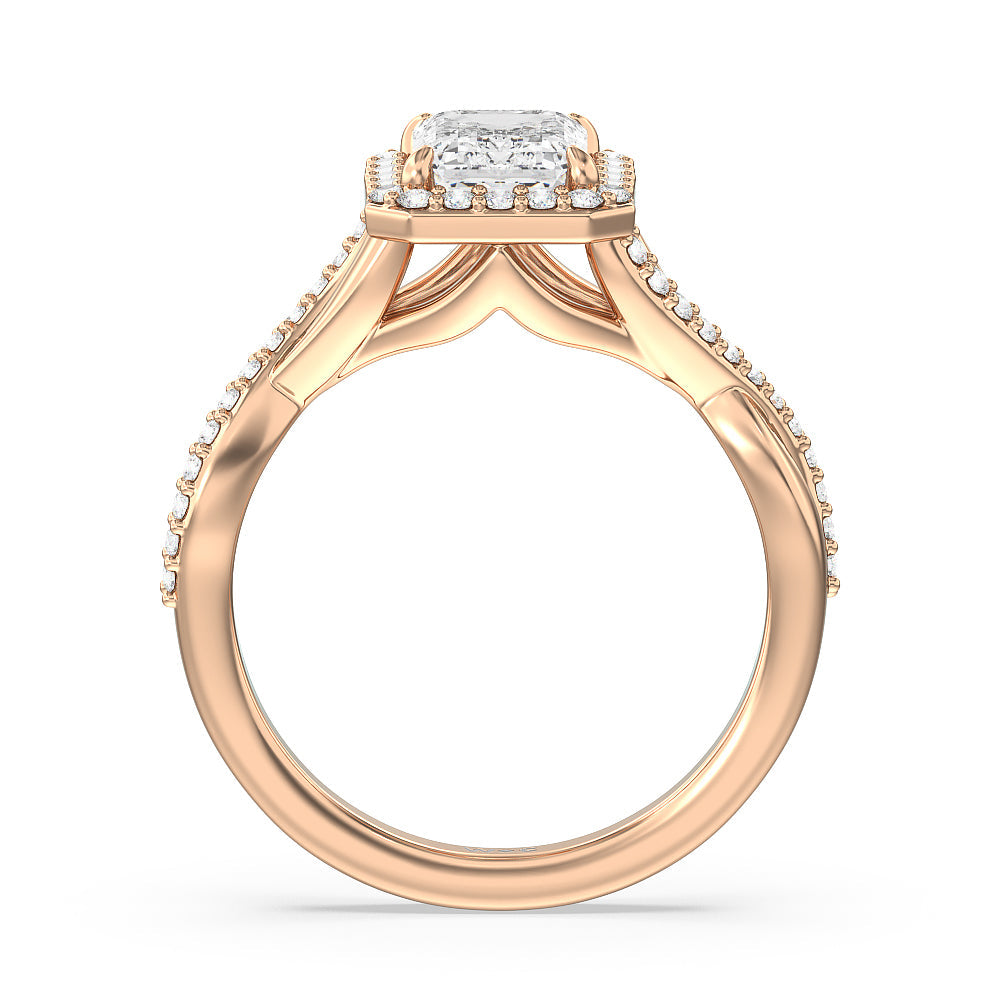 Swaying Split Shank Halo Diamond Engagement Ring with Emerald Cut Diamond in 14KT Rose Gold view 2
