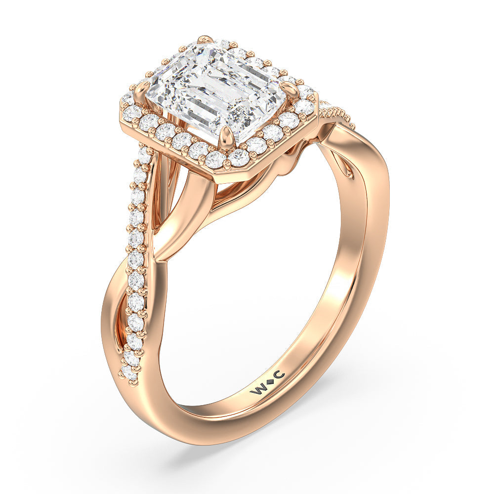 Swaying Split Shank Halo Diamond Engagement Ring with Emerald Cut Diamond in 14KT Rose Gold view 3
