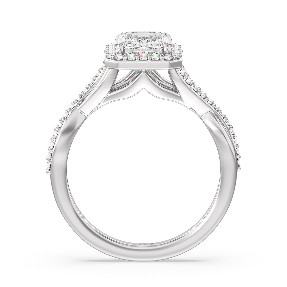 Swaying Split Shank Halo Diamond Engagement Ring with Emerald Cut Diamond in 14KT Platinum view 2
