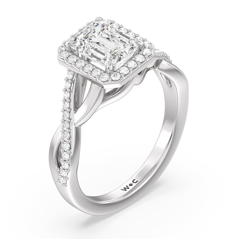Swaying Split Shank Halo Diamond Engagement Ring with Emerald Cut Diamond in 14KT Platinum view 3
