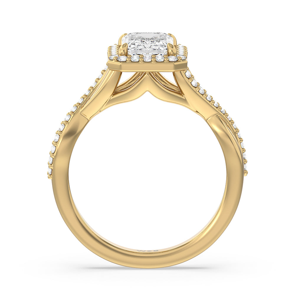 Swaying Split Shank Halo Diamond Engagement Ring with Emerald Cut Diamond in 14KT Yellow Gold view 2
