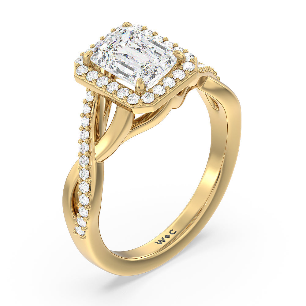 Swaying Split Shank Halo Diamond Engagement Ring with Emerald Cut Diamond in 14KT Yellow Gold view 3
