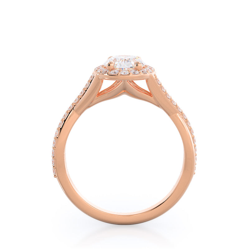 Swaying Split Shank Halo Diamond Engagement Ring with Oval Cut Diamond in 14KT Rose Gold view 2

