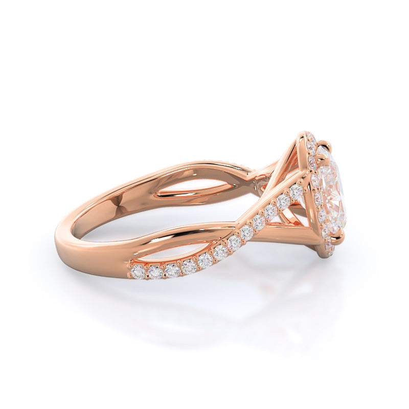Swaying Split Shank Halo Diamond Engagement Ring with Oval Cut Diamond in 14KT Rose Gold view 3
