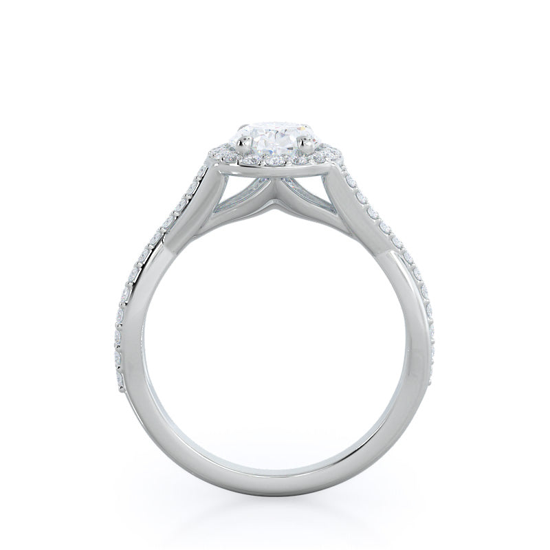 Swaying Split Shank Halo Diamond Engagement Ring with Oval Cut Diamond in 14KT Platinum view 2
