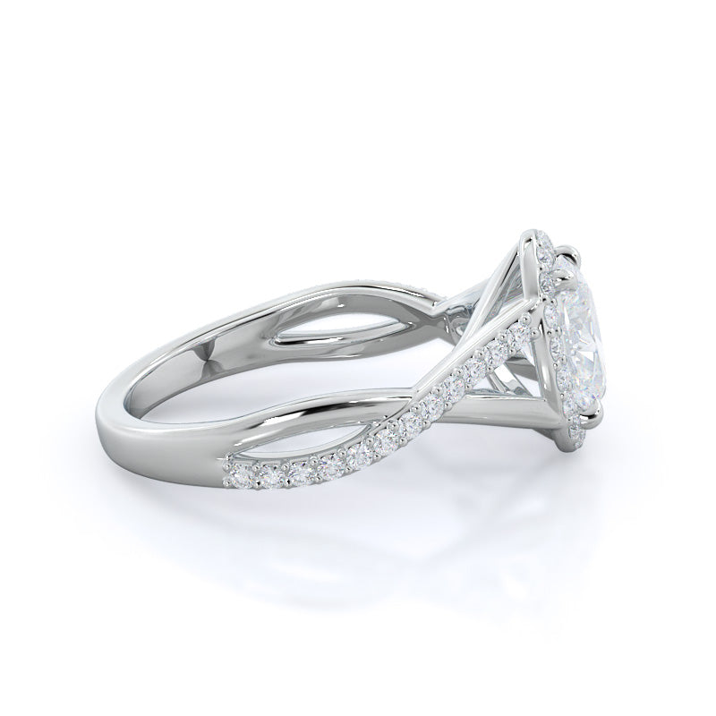 Swaying Split Shank Halo Diamond Engagement Ring with Oval Cut Diamond in 14KT Platinum view 3
