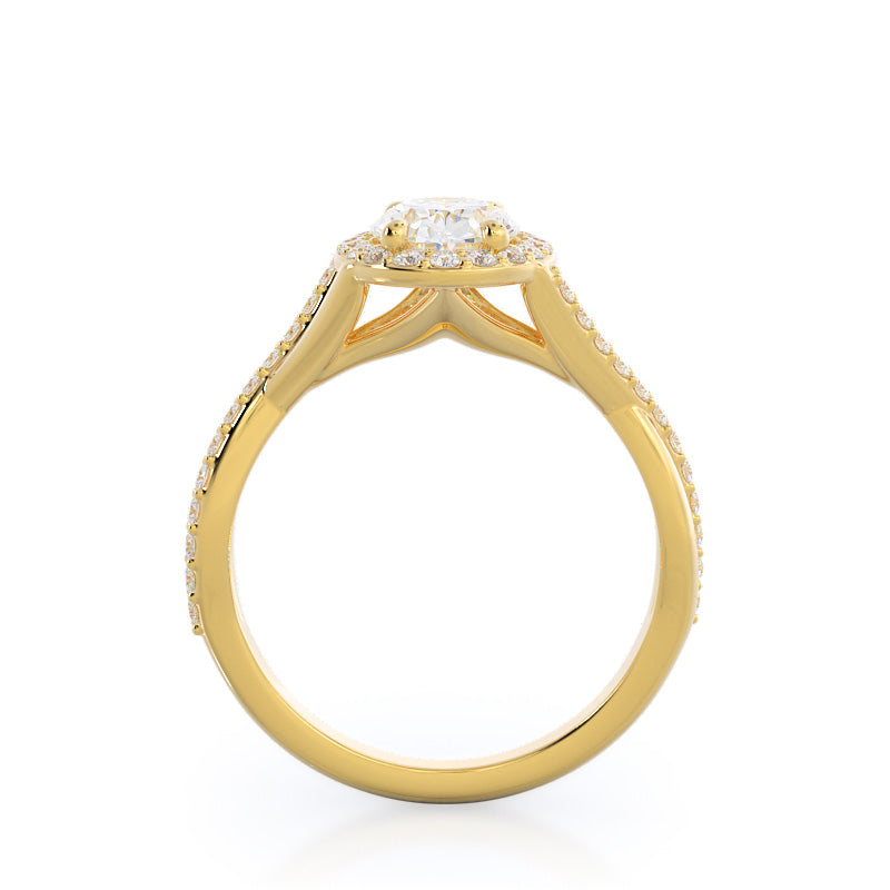 Swaying Split Shank Halo Diamond Engagement Ring with Oval Cut Diamond in 14KT Yellow Gold view 2
