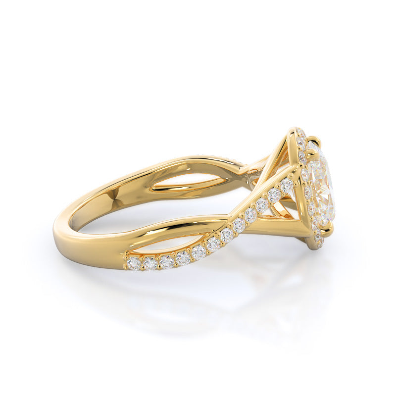 Swaying Split Shank Halo Diamond Engagement Ring with Oval Cut Diamond in 14KT Yellow Gold view 3
