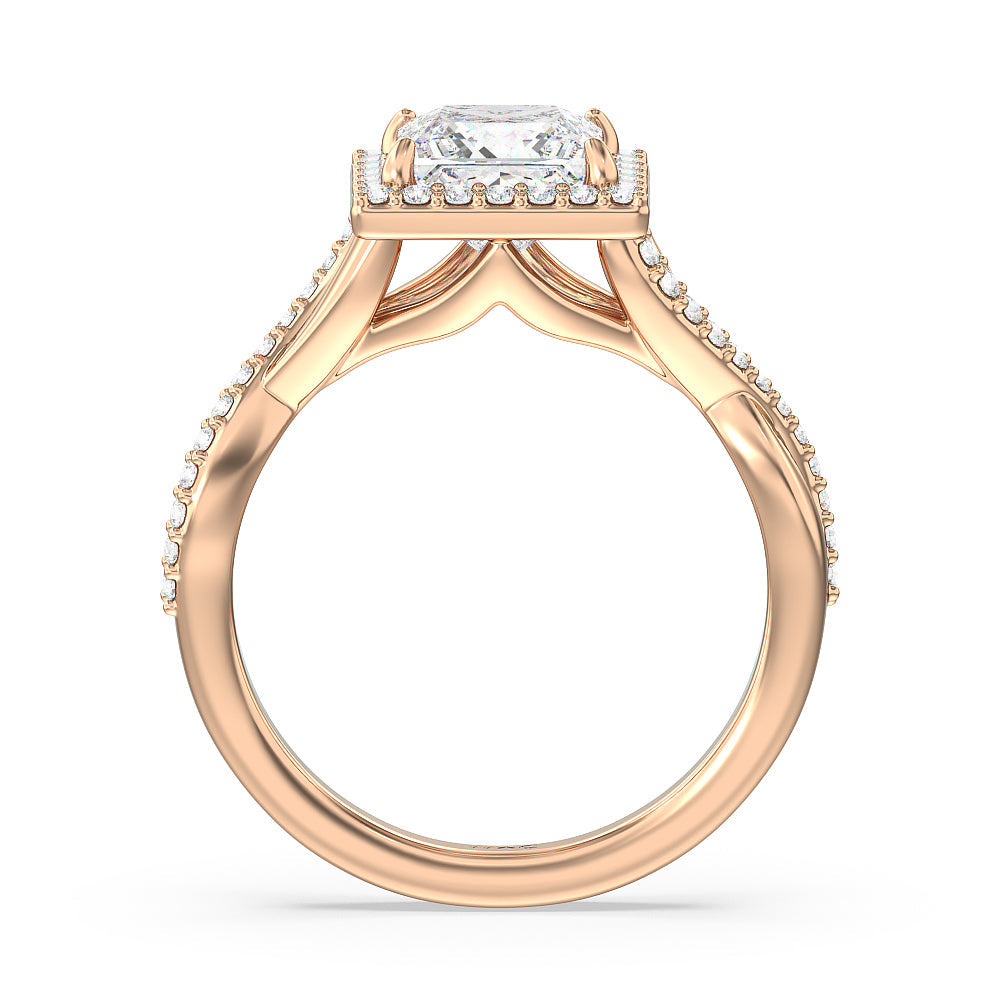 Swaying Split Shank Halo Diamond Engagement Ring with Princess Cut Diamond in 14KT Rose Gold view 2
