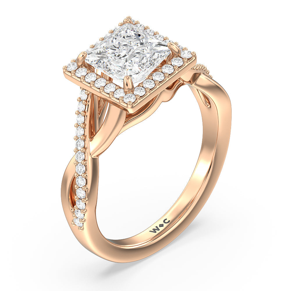 Swaying Split Shank Halo Diamond Engagement Ring with Princess Cut Diamond in 14KT Rose Gold view 3
