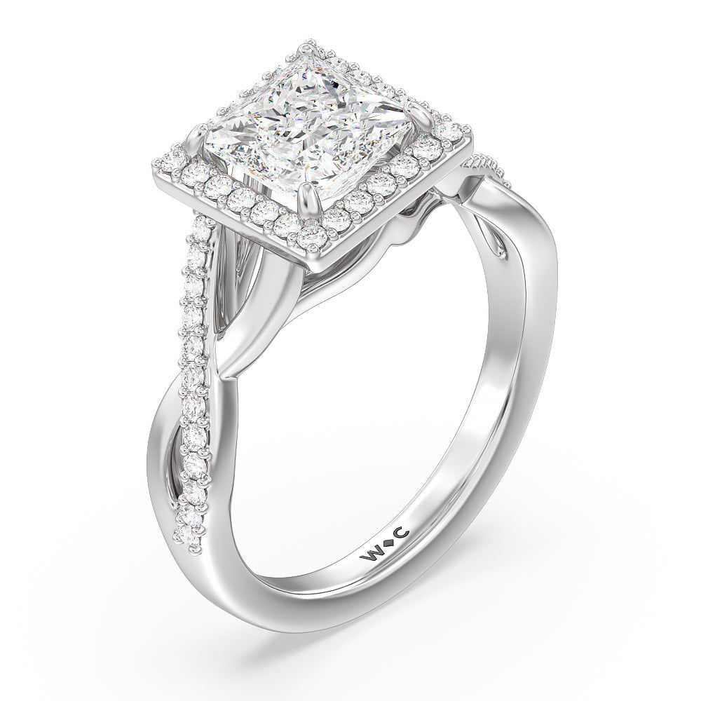 Swaying Split Shank Halo Diamond Engagement Ring with Princess Cut Diamond in 14KT Platinum view 3

