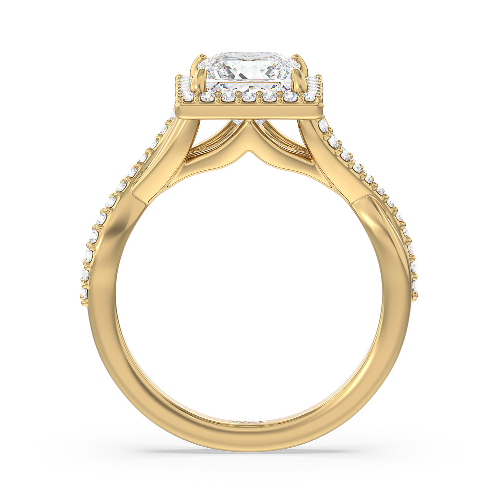 Swaying Split Shank Halo Diamond Engagement Ring with Princess Cut Diamond in 14KT Yellow Gold view 2

